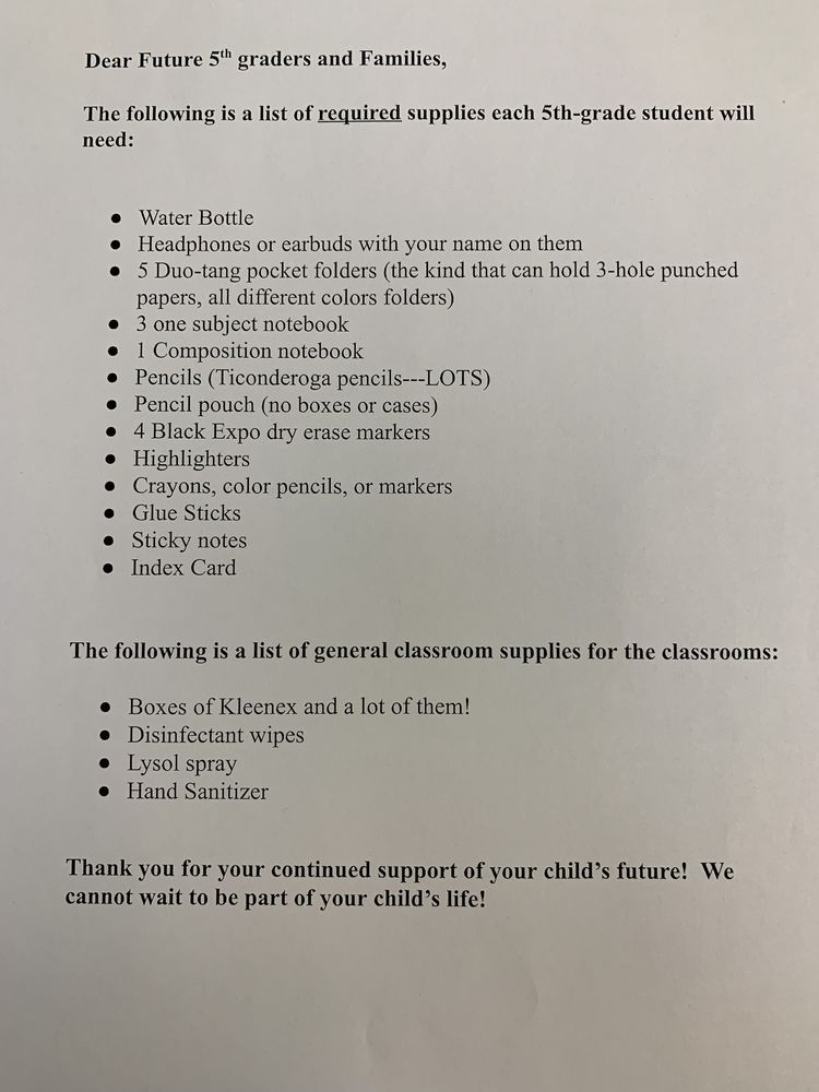 5th grade supply list